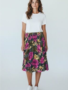 HIRSCH womens skirt Pleated Floral Midi Skirt  with buttons belt loop size 12
